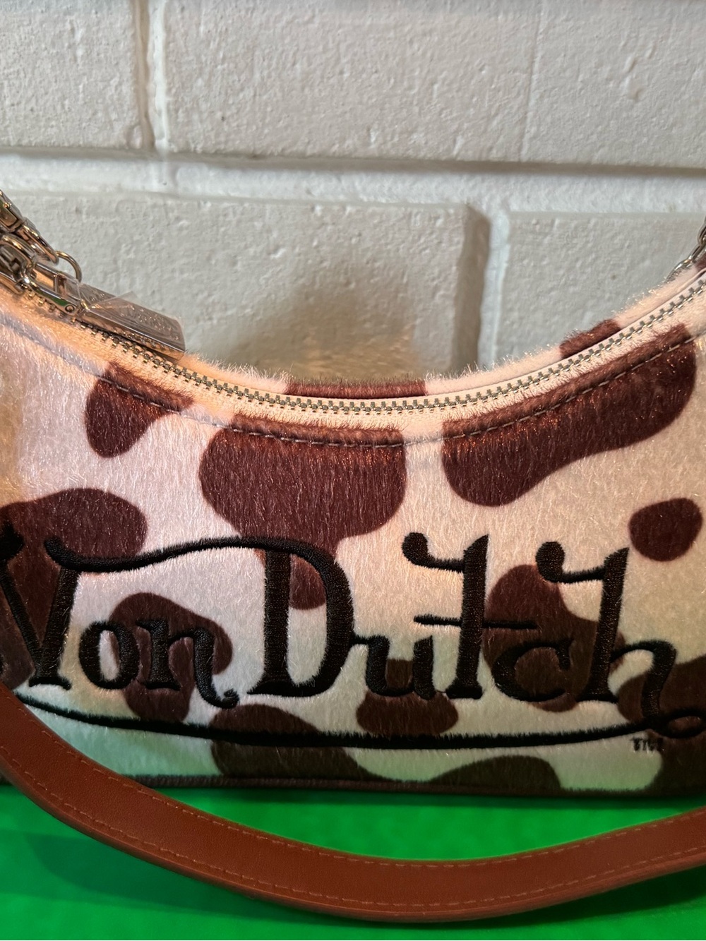 Von Dutch White and Brown Cow-Print Shoulder Bag